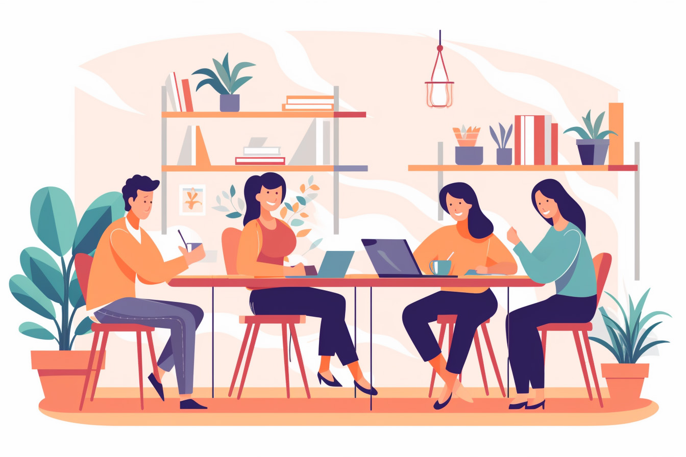 4 people sitting at a work conference table together, illustration, supportive work environment